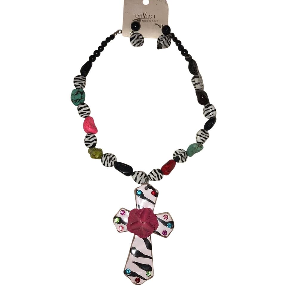 Zebra‎ Print Cross Necklace Set Colorful Rhinestone Pendant NWT